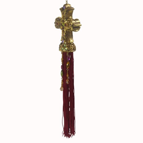 Ornate Jeweled Gold Cross Tassel Decor With Gem Accents & Red Fringe - Picture 6 of 6